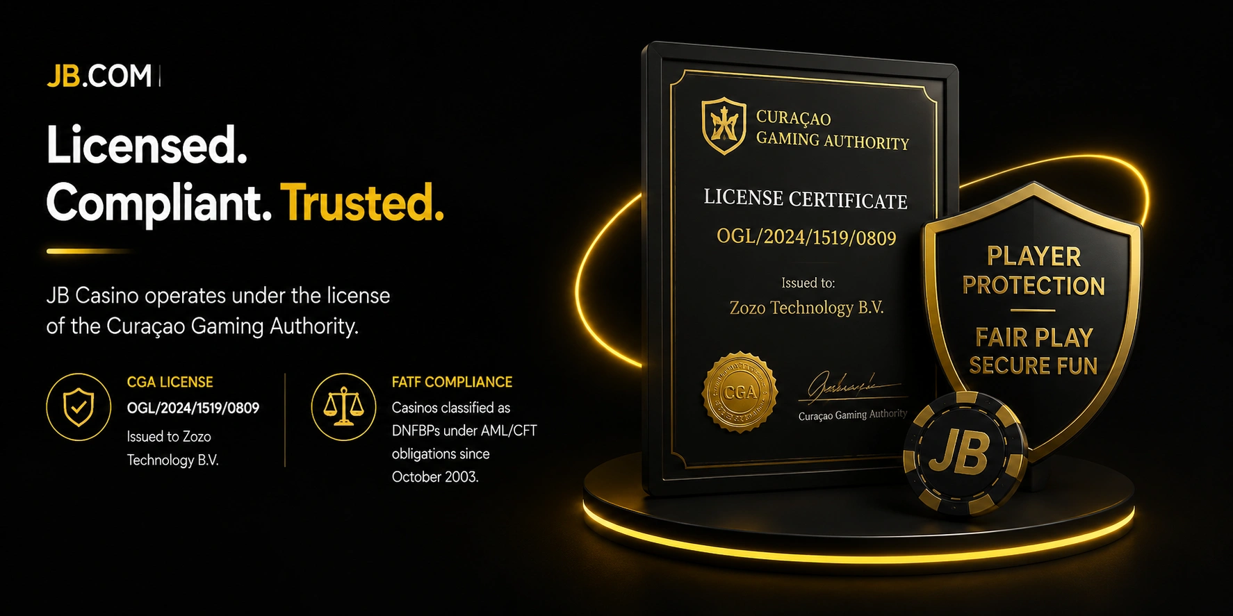 JB.com Curaçao Gaming Authority license certificate with player protection shield