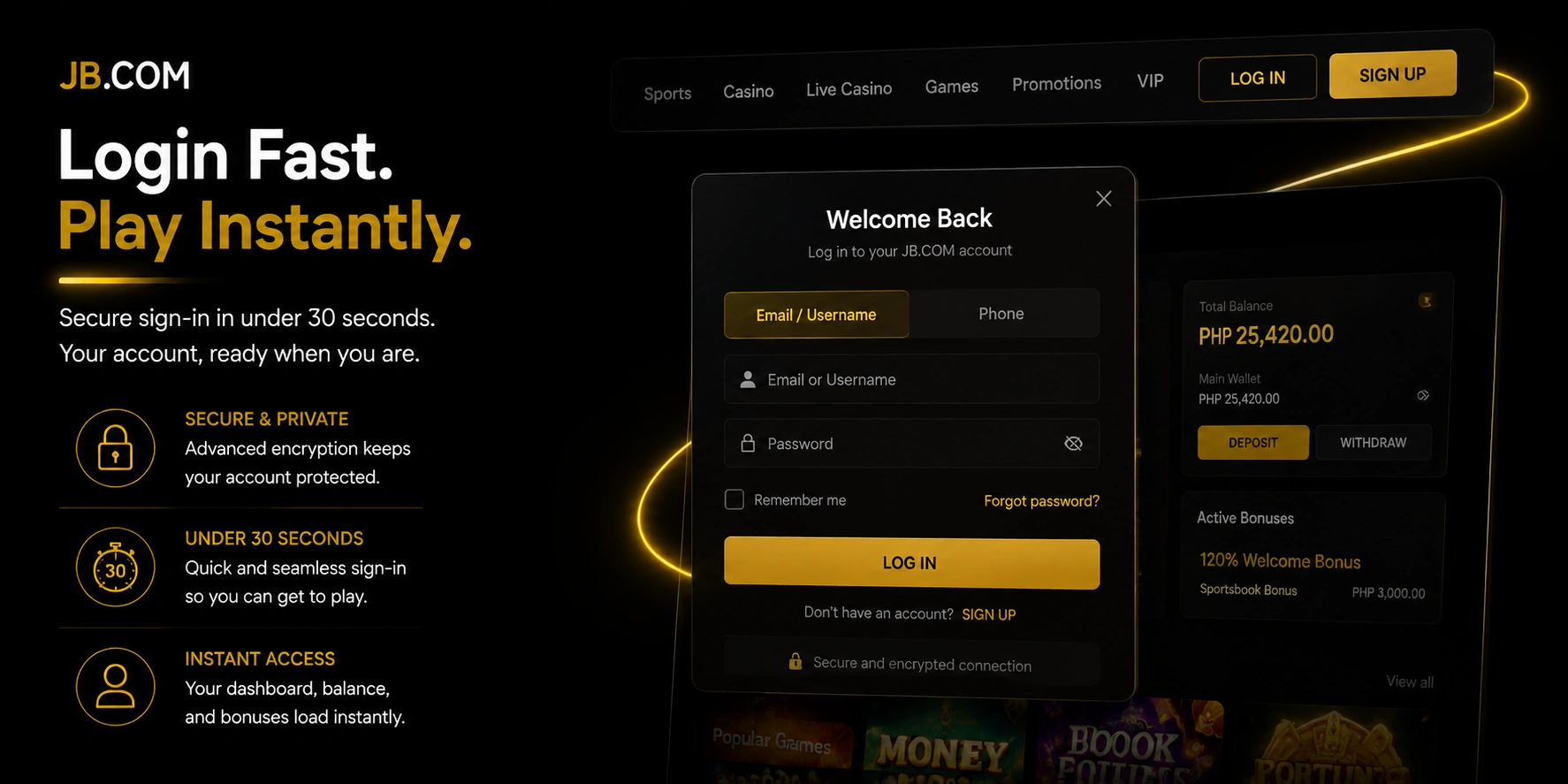 JB.com login form with balance dashboard and active welcome bonus